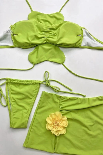 Flora Fuego 3-Piece Flower Bikini Set – Lime