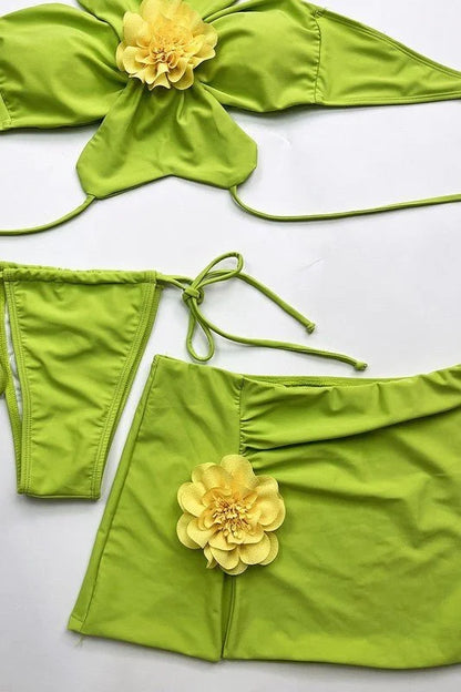 Flora Fuego 3-Piece Flower Bikini Set – Lime