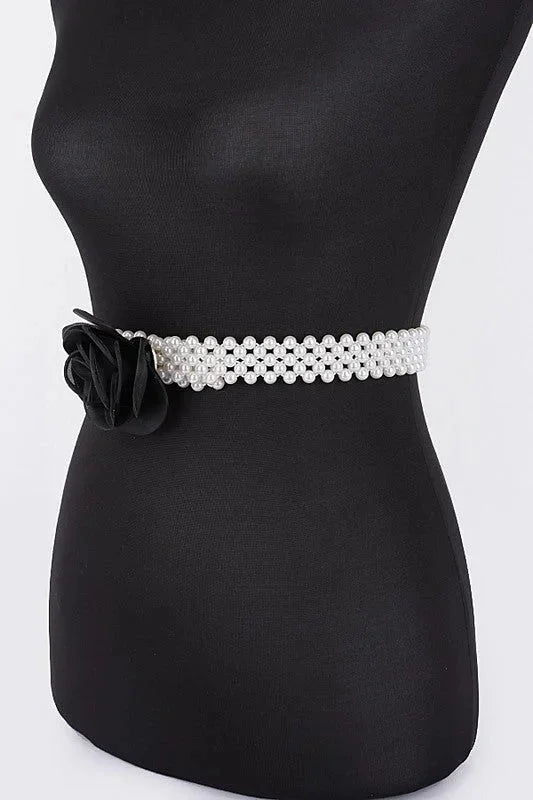 Floral Elegance Faux Pearl Stretch Belt Black