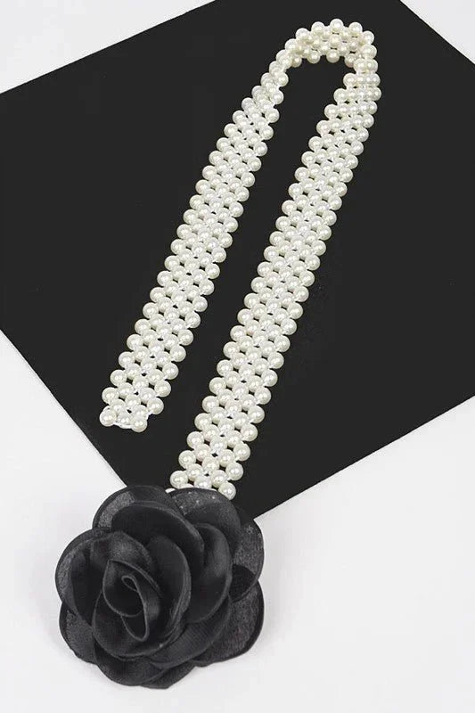 Floral Elegance Faux Pearl Stretch Belt Black