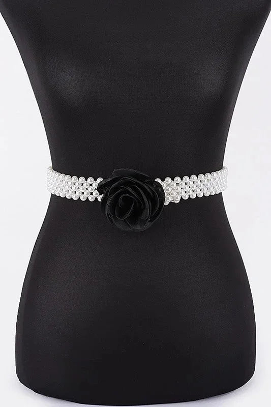Floral Elegance Faux Pearl Stretch Belt Black