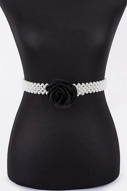 Floral Elegance Faux Pearl Stretch Belt Black