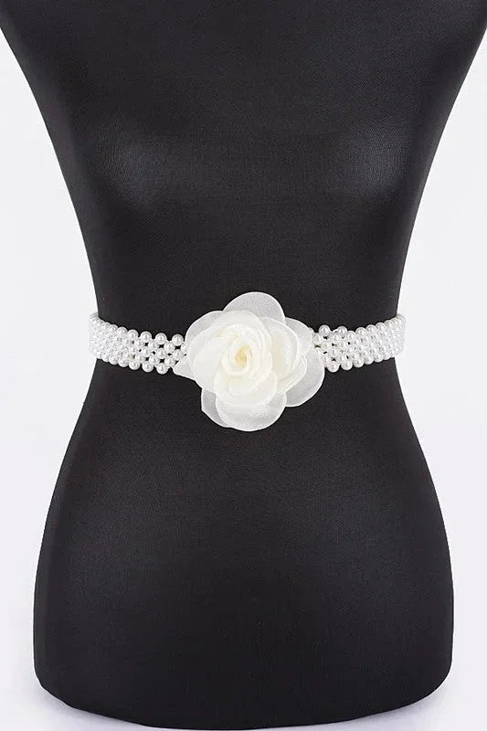 Floral Elegance Faux Pearl Stretch Belt Ivory