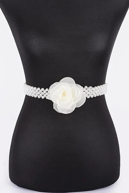 Floral Elegance Faux Pearl Stretch Belt Ivory