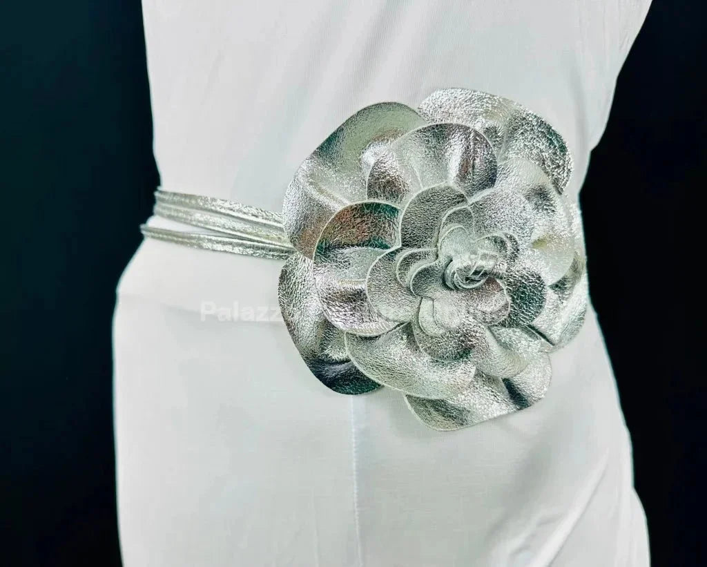 Floral Radiance Convertible Leather Wrap Belt & Choker (Silver)