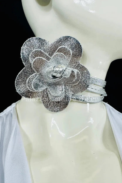 Floral Radiance Convertible Leather Wrap Belt & Choker (Silver)
