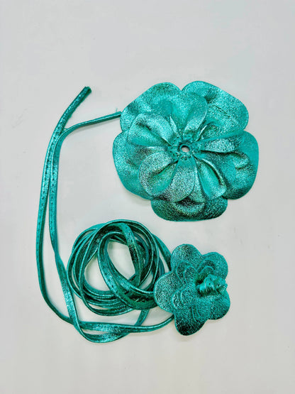 Floral Radiance Leather Flower Choker & Wrap Belt – Turquoise