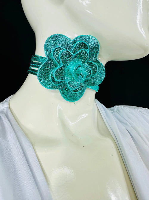 Floral Radiance Leather Flower Choker & Wrap Belt – Turquoise