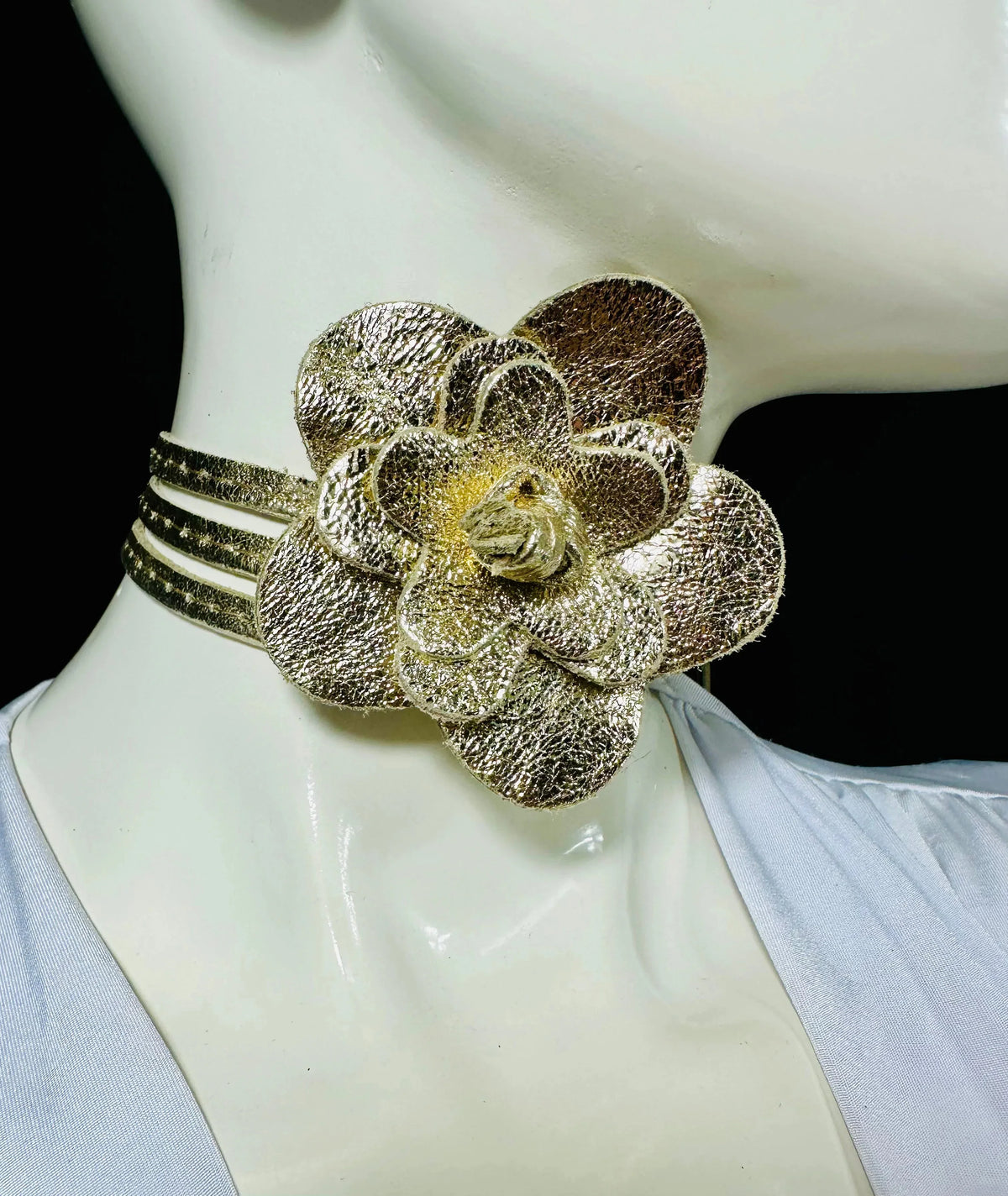 Floral Radiance Leather Wrap Belt & Choker – Gold
