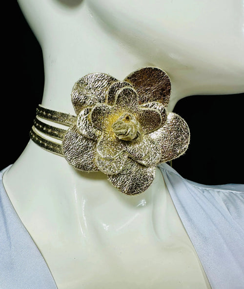 Floral Radiance Leather Wrap Belt & Choker – Gold
