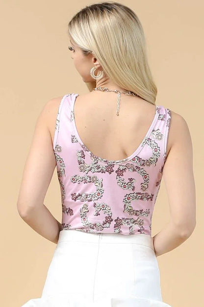 Flower Print Round Neck Tank Bodysuit