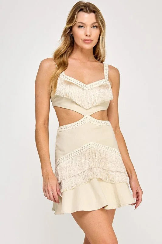 Fringe Escape Cutout Mini Dress Ivory