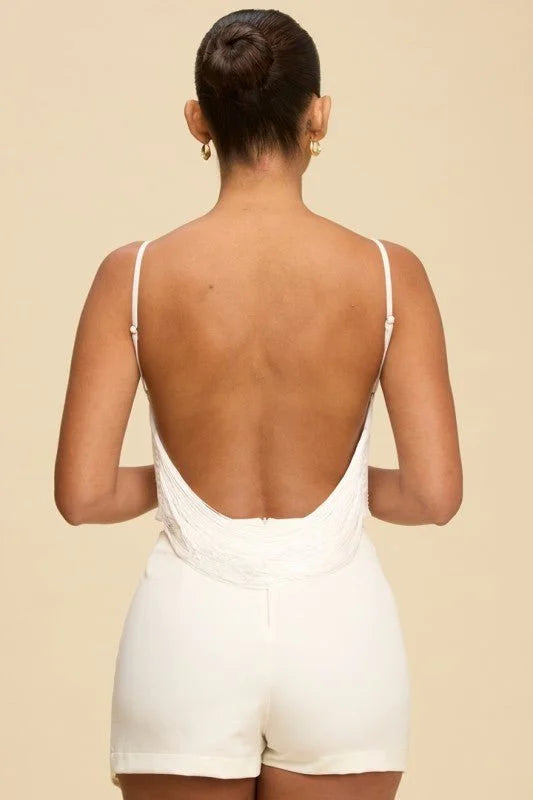Fringe Open Back Fringe Top in White with Adjustable Straps