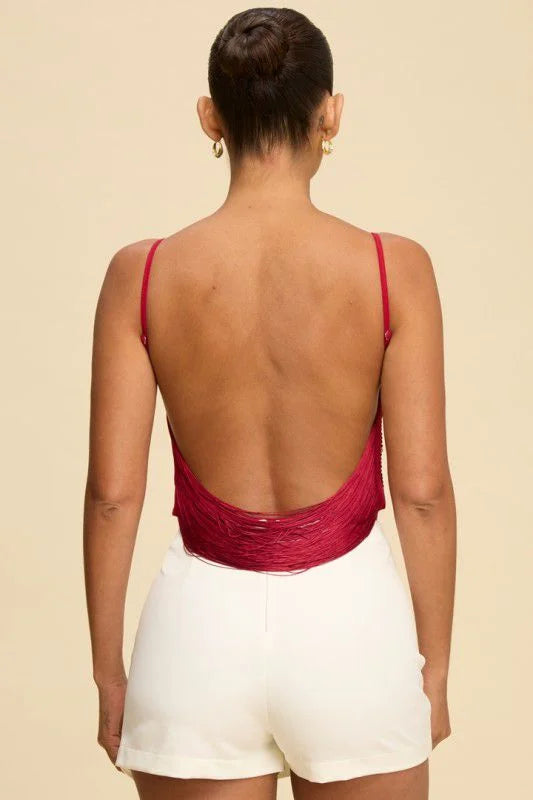 Fringe Open Back Fringe Top in Wine with Adjustable Straps