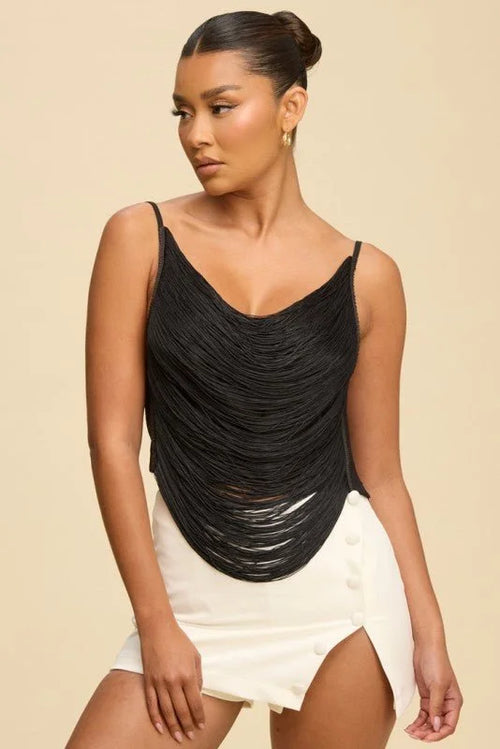 Fringe Open Back Fringe Top in Black with Adjustable Straps