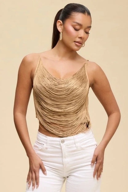 Fringe Open Back Fringe Top in Sand with Adjustable Straps