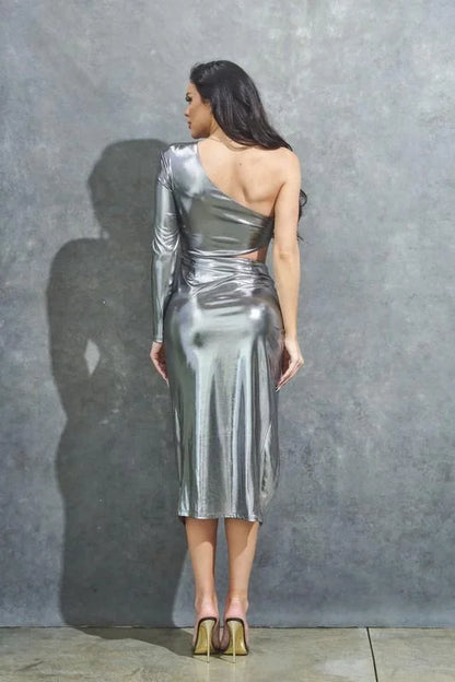 Futuristic One-Sleeve Metallic Midi Dress – Silver