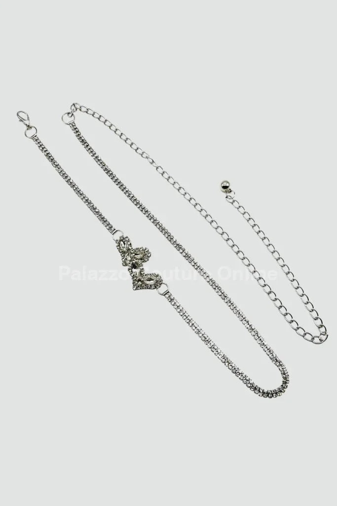 Gaby Two Sweet Heart Rhinestone Chain Belt (Silver)