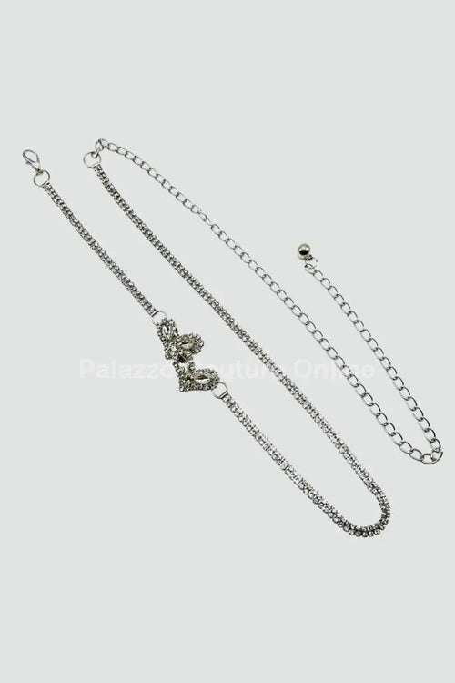Gaby Two Sweet Heart Rhinestone Chain Belt (Silver)