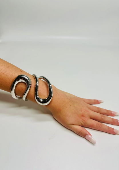 Gemini Wide Hinged Silver Cuff Bangle with Sculptural Design