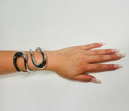 Gemini Wide Hinged Silver Cuff Bangle with Sculptural Design