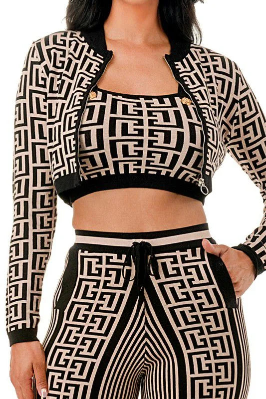 Geometric Elegance Three-Piece Knit Pant Set