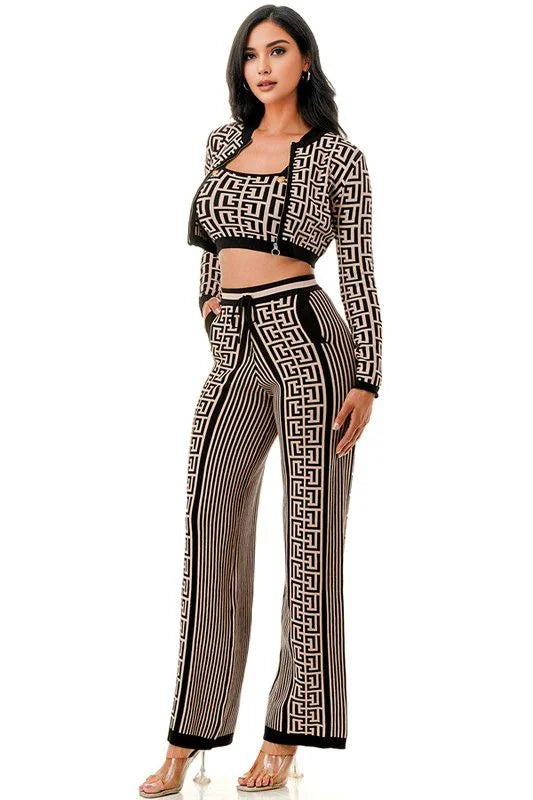 Geometric Elegance Three-Piece Knit Pant Set