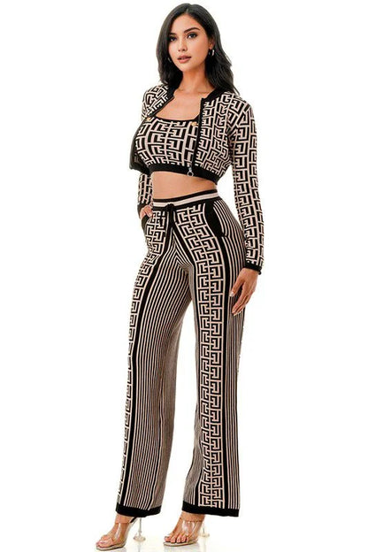 Geometric Elegance Three-Piece Knit Pant Set