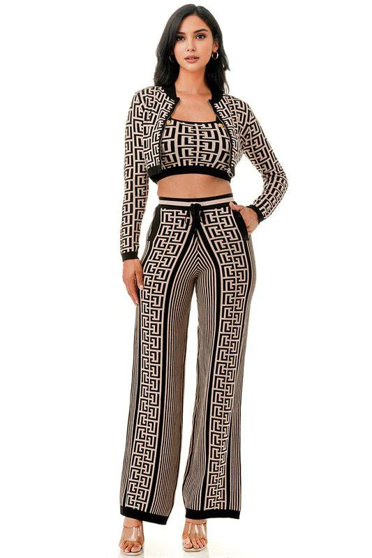 Geometric Elegance Three-Piece Knit Pant Set