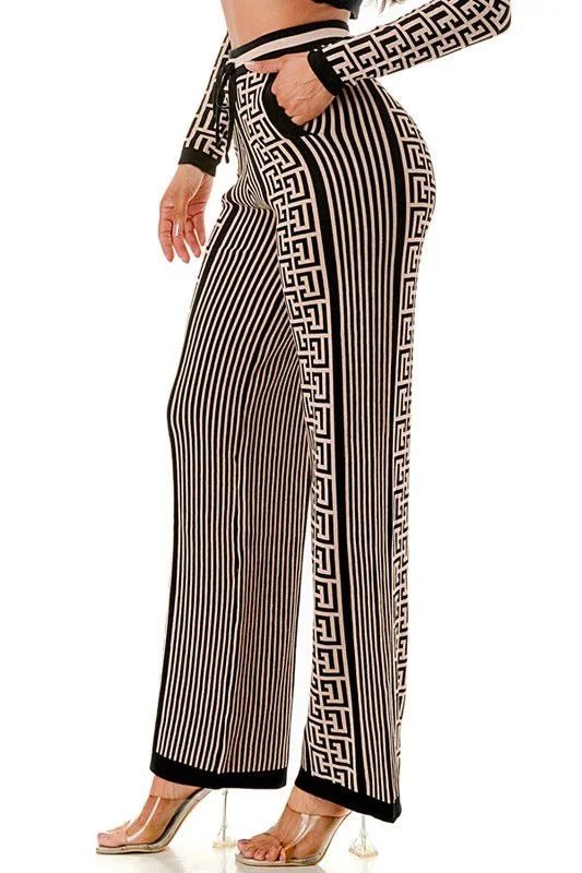 Geometric Elegance Three-Piece Knit Pant Set