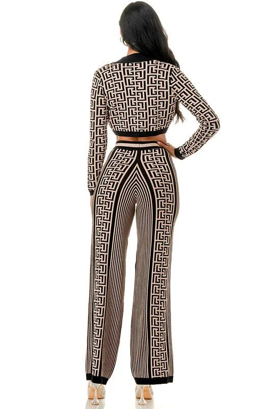 Geometric Elegance Three-Piece Knit Pant Set