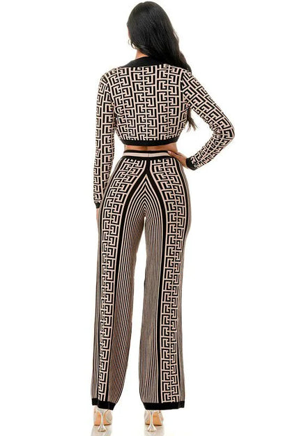 Geometric Elegance Three-Piece Knit Pant Set