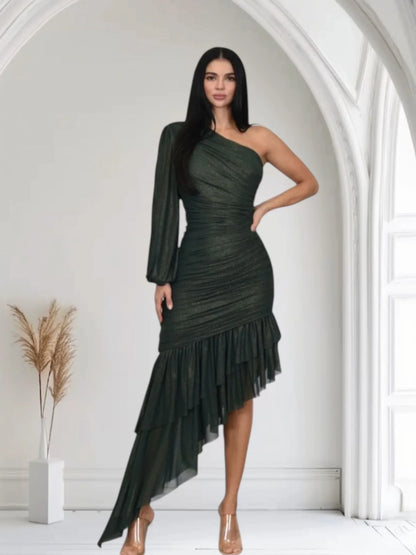 Gilded Allure One Shoulder Dress with Asymmetrical Ruffle Hem (Forest)