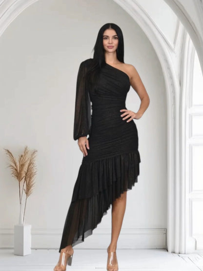 Gilded Allure One Shoulder Dress with Asymmetrical Ruffle Hem (Black)
