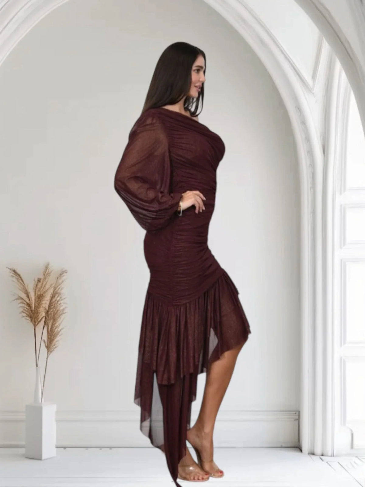 Gilded Allure One Shoulder Dress with Asymmetrical Ruffle Hem (Merlot)