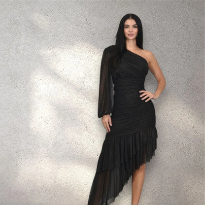 Gilded Allure One Shoulder Dress with Asymmetrical Ruffle Hem (Black)