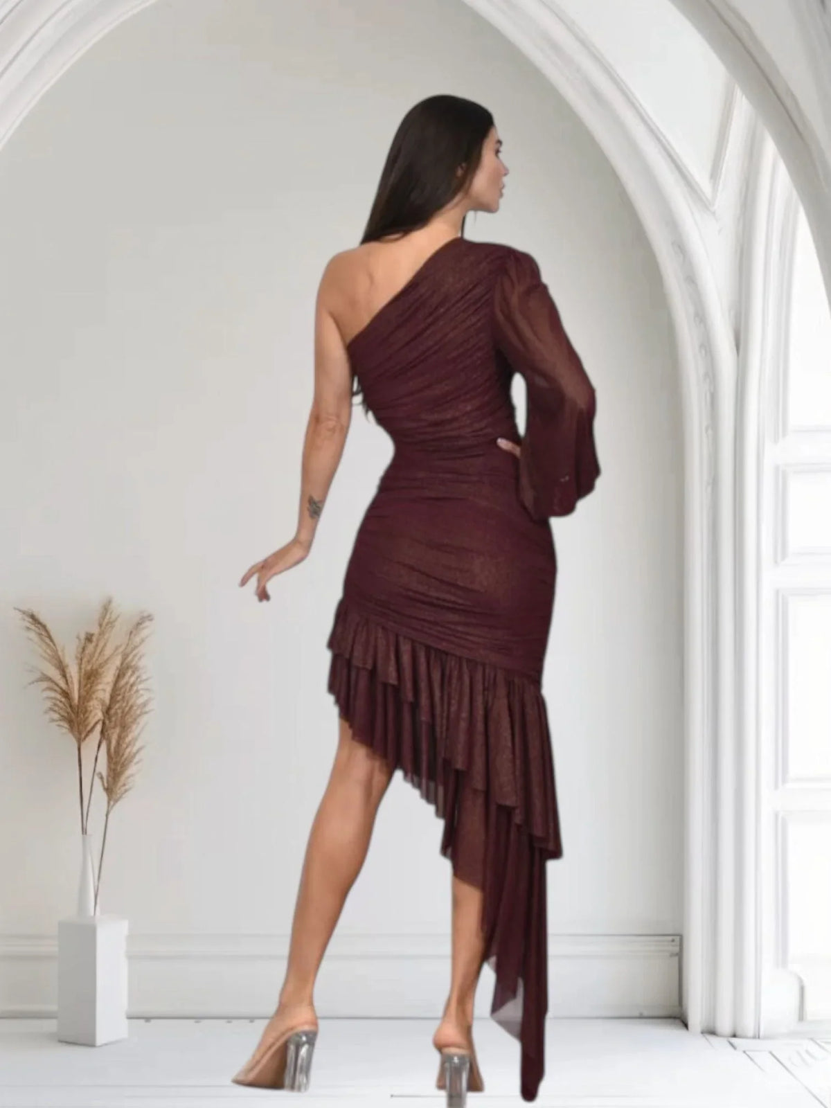 Gilded Allure One Shoulder Dress with Asymmetrical Ruffle Hem (Merlot)
