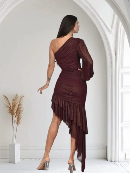 Gilded Allure One Shoulder Dress with Asymmetrical Ruffle Hem (Merlot)