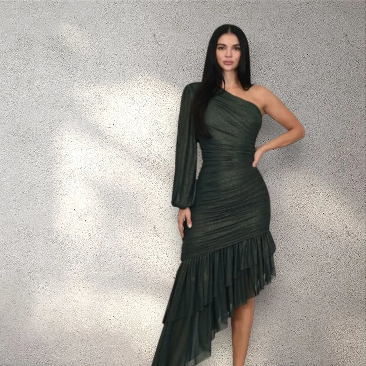 Gilded Allure One Shoulder Dress with Asymmetrical Ruffle Hem (Forest)