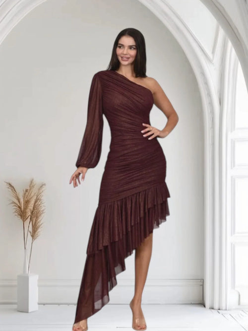Gilded Allure One Shoulder Dress with Asymmetrical Ruffle Hem (Merlot)