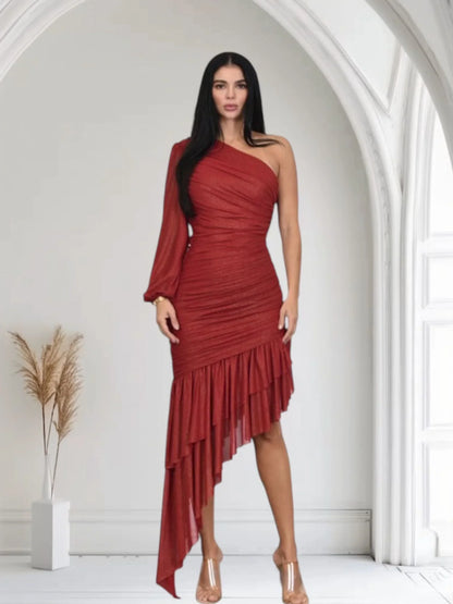 Gilded Allure One Shoulder Dress with Asymmetrical Ruffle Hem (Red)