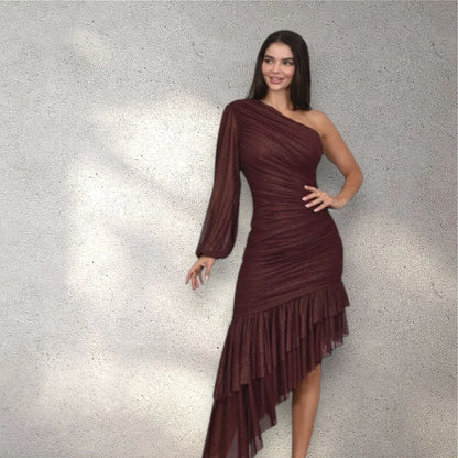 Gilded Allure One Shoulder Dress with Asymmetrical Ruffle Hem (Merlot)