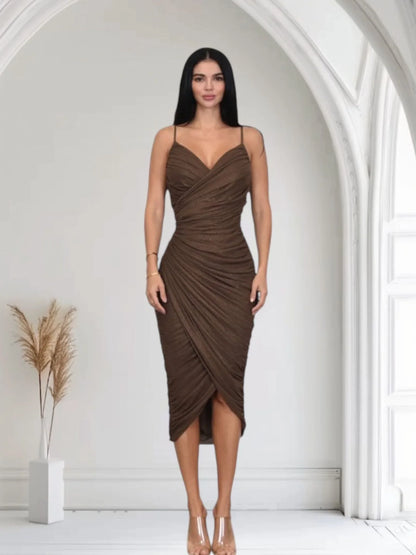 Gilded Allure Ruched Mesh Midi Dress - Chocolate