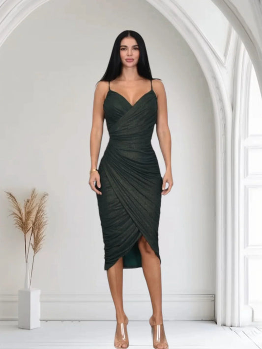 Gilded Allure Ruched Mesh Midi Dress - Forest