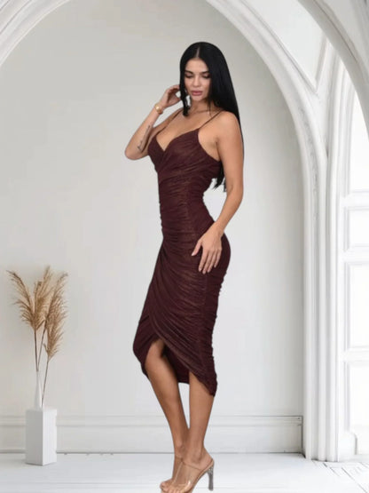 Gilded Allure Ruched Mesh Midi Dress - Merlot