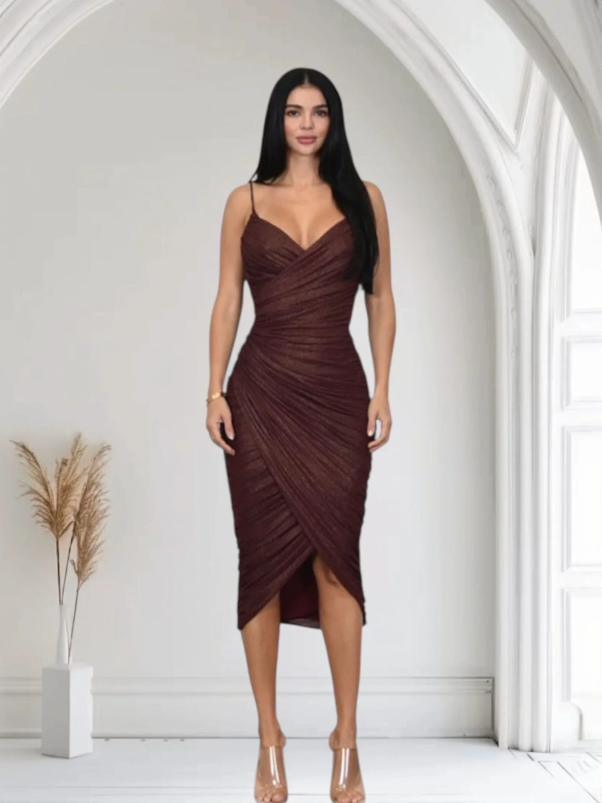 Gilded Allure Ruched Mesh Midi Dress - Merlot
