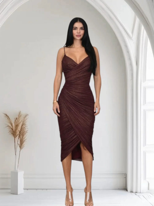 Gilded Allure Ruched Mesh Midi Dress - Merlot