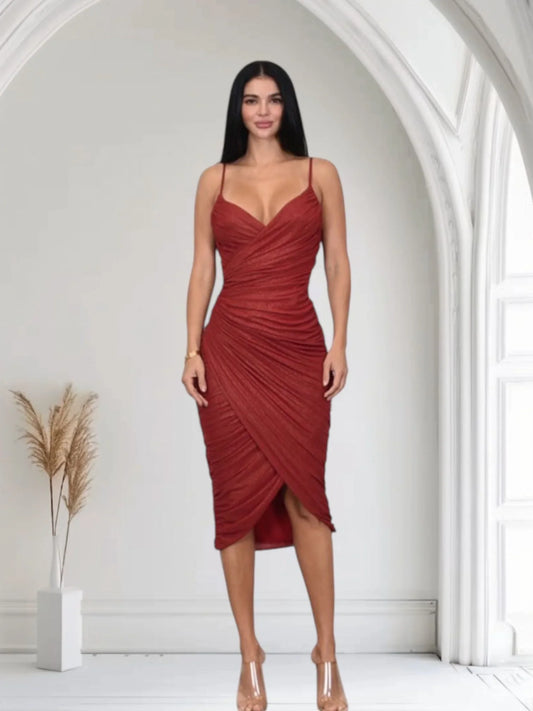 Gilded Allure Ruched Mesh Midi Dress - Red
