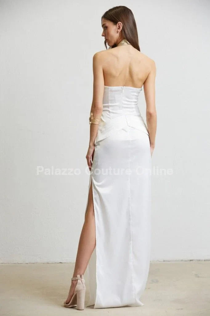 Gilded Elegance Satin Maxi Dress (White)