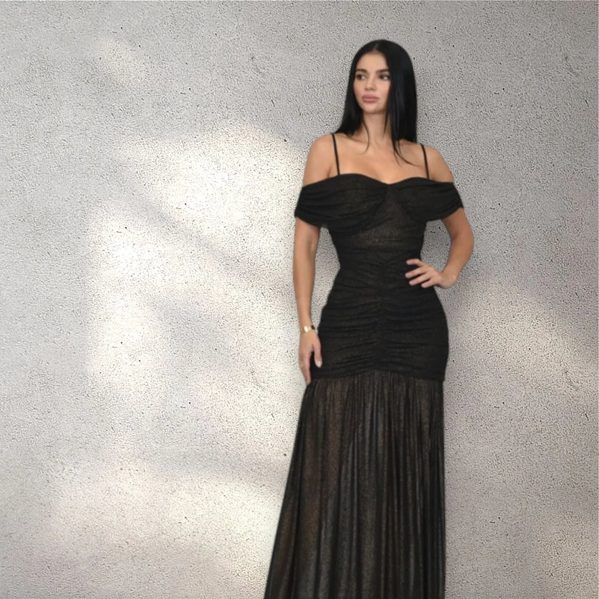 Gilded Radiance Off-Shoulder Maxi Dress – Black